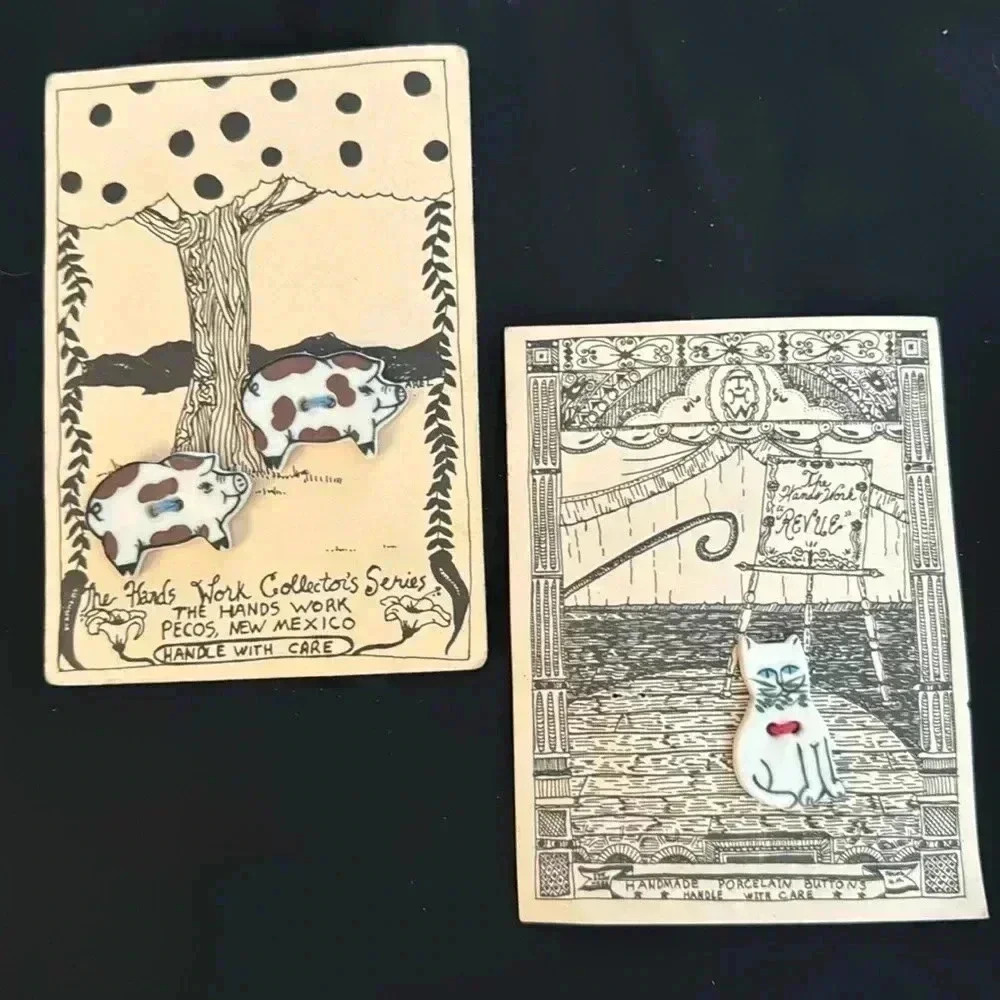 Handmade Porcelain Buttons VTG Pigs & Cat